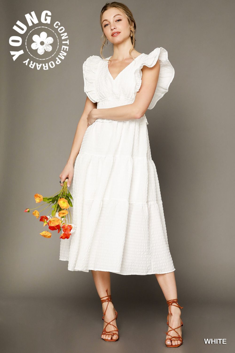 V-Neck Ruffle Midi Dress