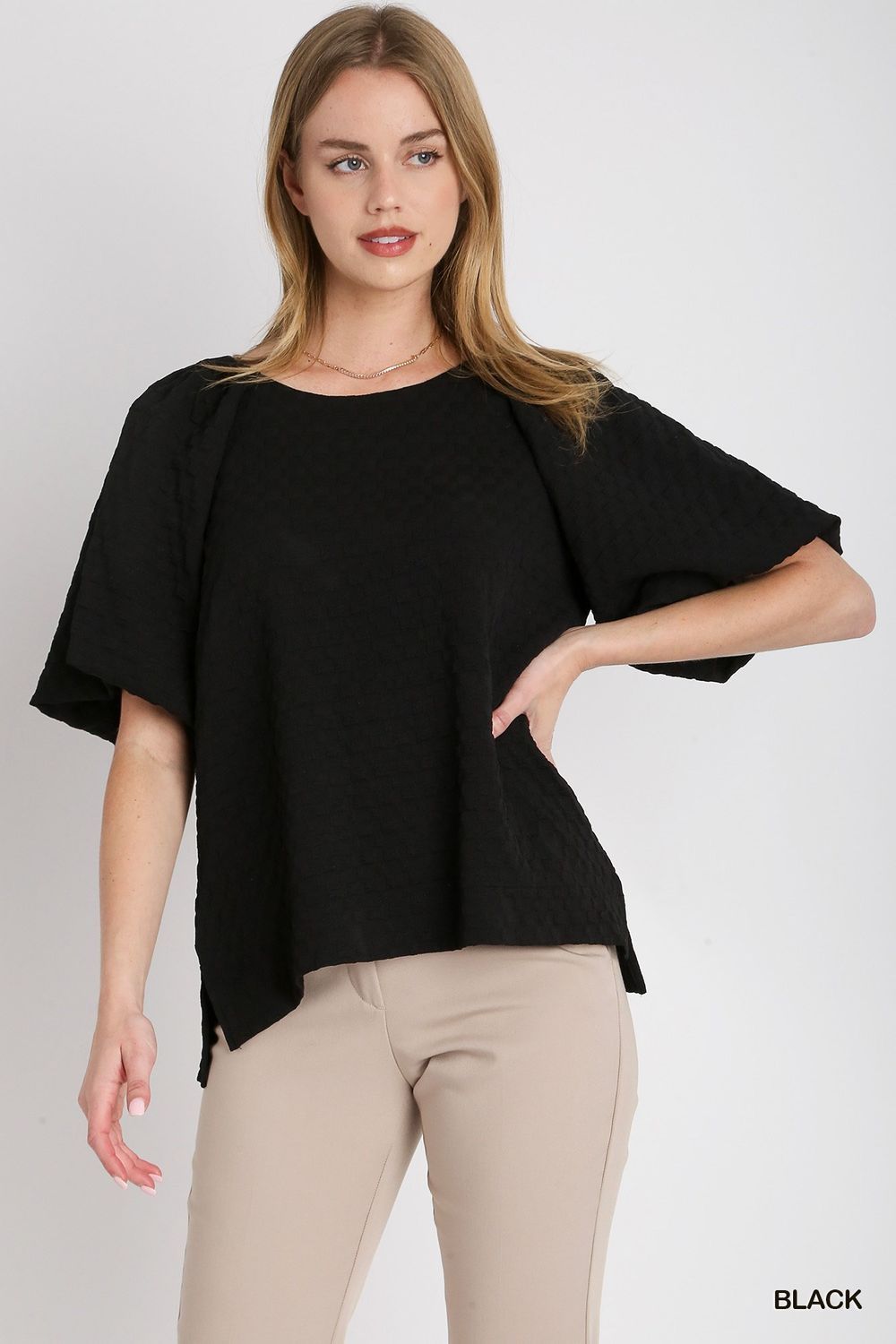 Boxy Cut Jacquard Round Neck Top, Size: S, Color: Black