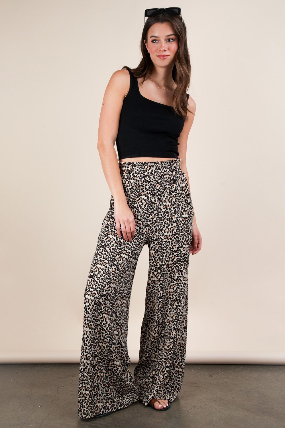 Leopard Print Wide Leg Pleated Pants