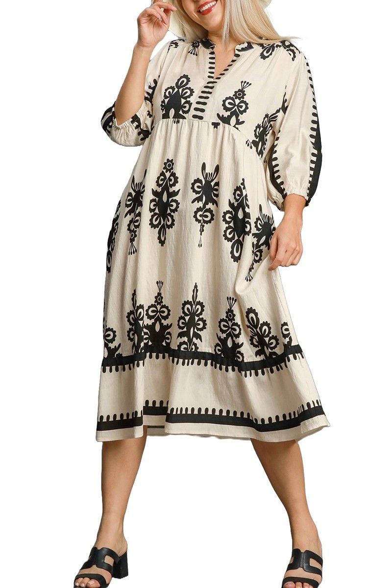 Plus - Two Tone Abstract Print V-Neck Dress, Size: XL, Color: Cream