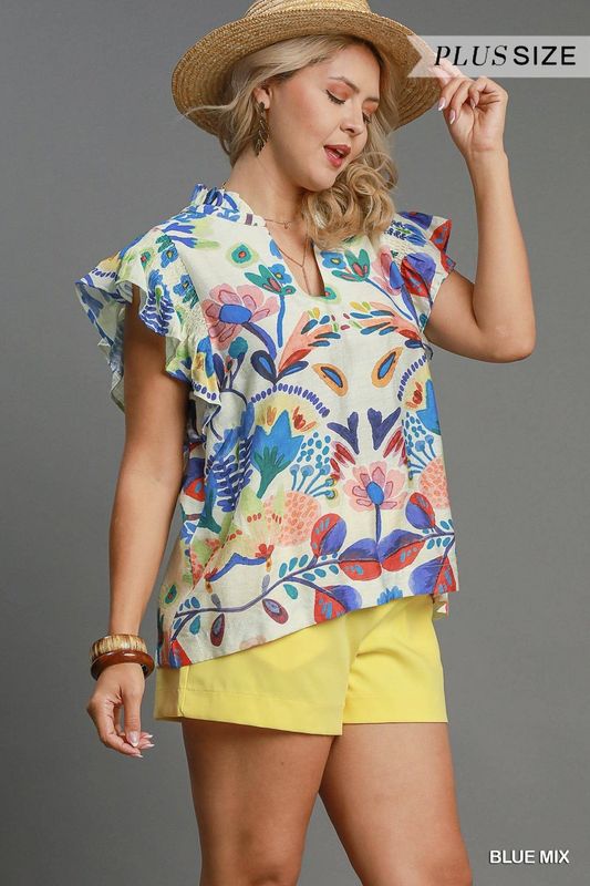 Plus - Floral Print Babydoll Top