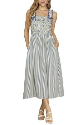 Sleeveless Woven Striped Smocked Midi Dress