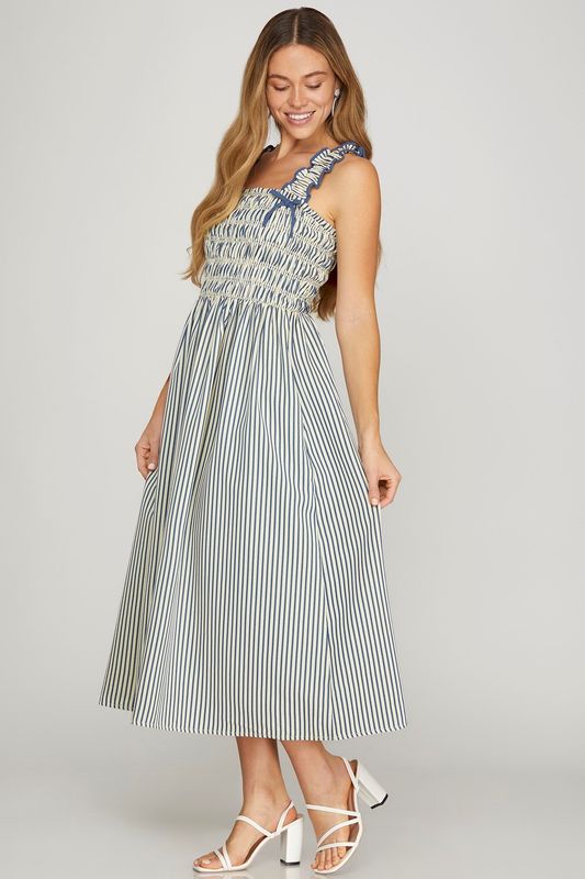 Sleeveless Woven Striped Smocked Midi Dress