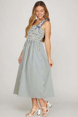 Sleeveless Woven Striped Smocked Midi Dress