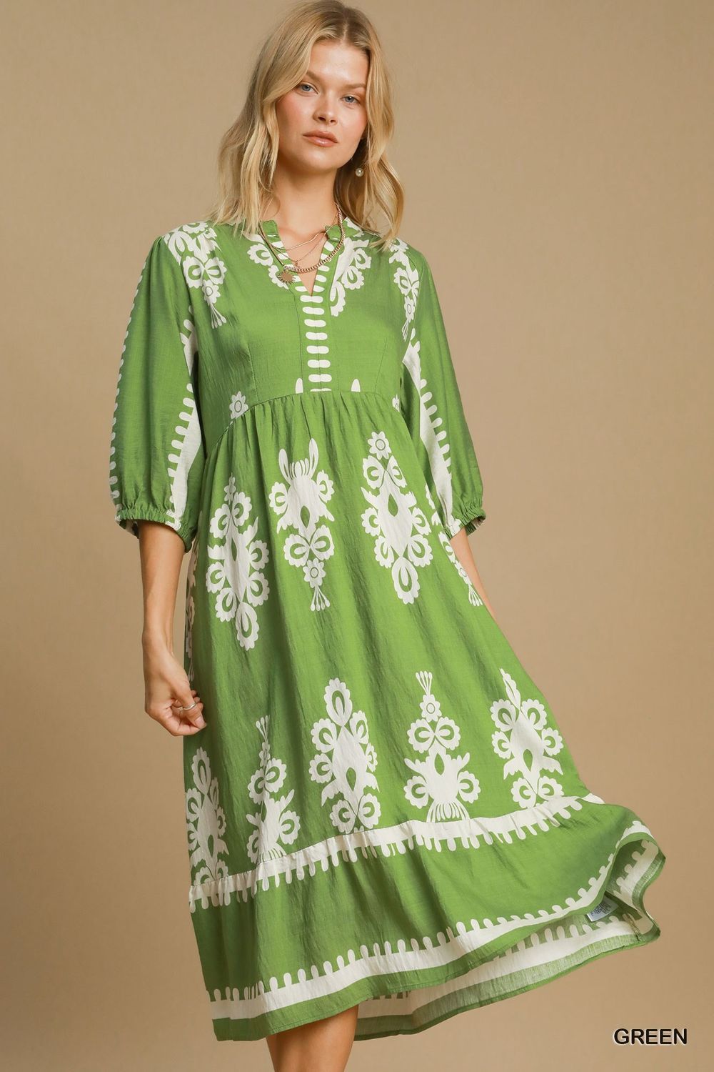Two Toned Abstract Print V-Neck Dress, Color: Green, Size: S