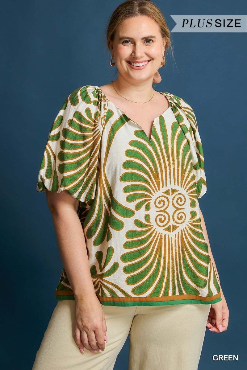 Plus - Abstract Print Puff Sleeve Blouse
