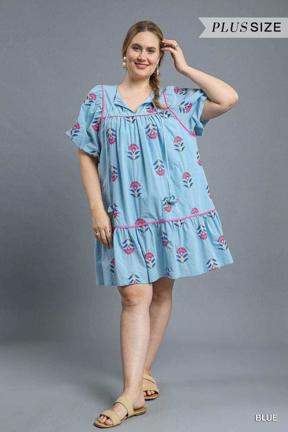Plus - Embroidered Tiered Babydoll Dress