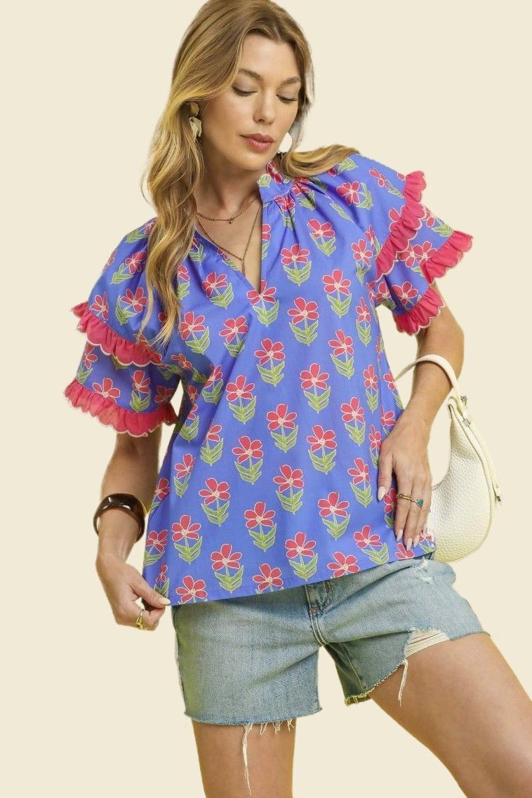 Mix Ruffle Sleeve Floral Blouse