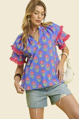 Mix Ruffle Sleeve Floral Blouse