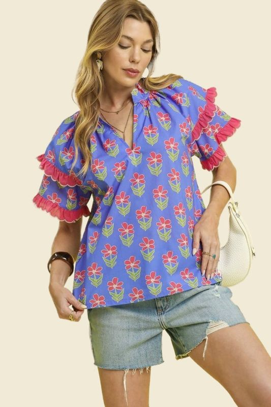 Mix Ruffle Sleeve Floral Blouse