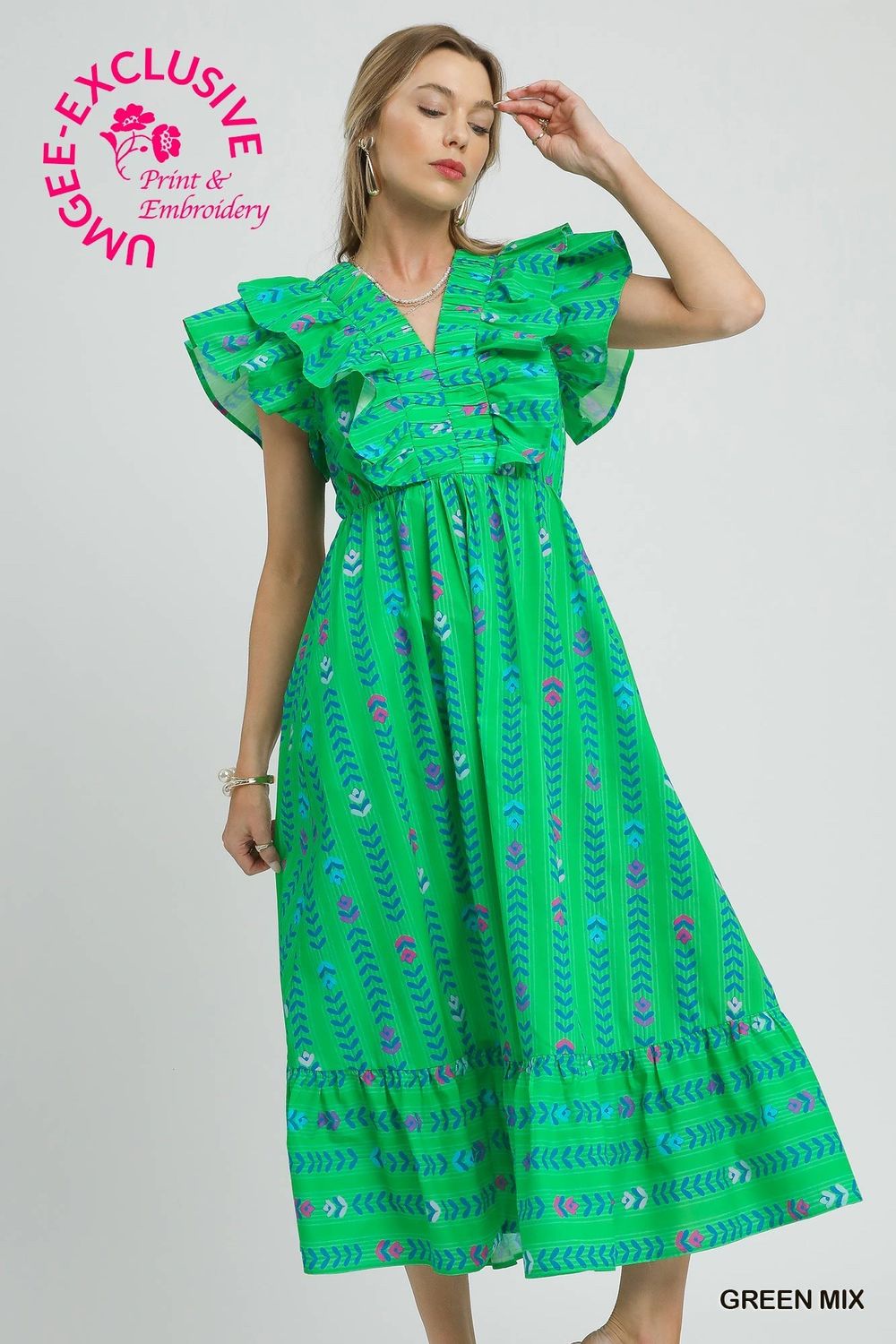 Ruffle Sleeve V-Neck Maxi Dress