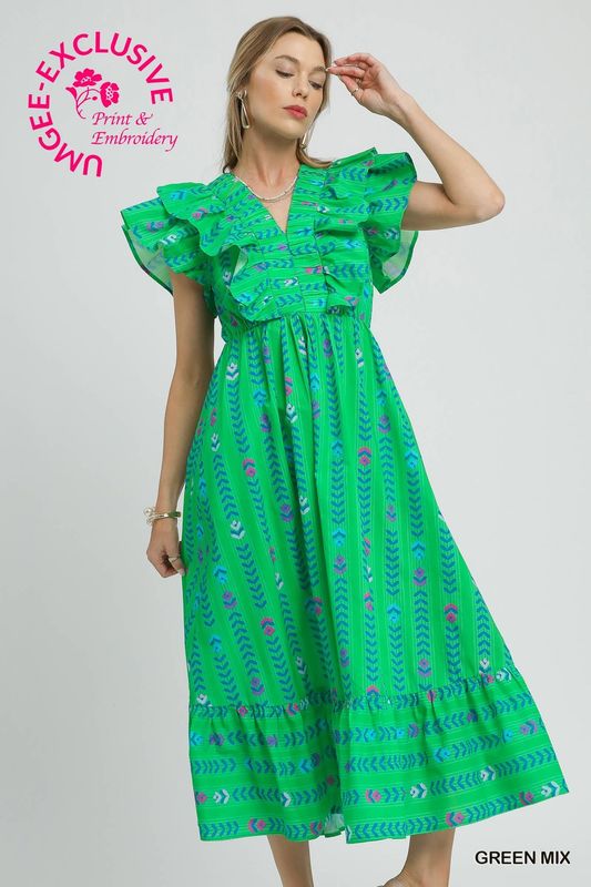 Ruffle Sleeve V-Neck Maxi Dress