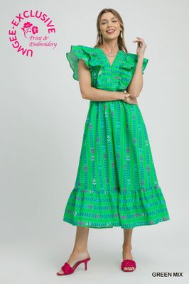 Ruffle Sleeve V-Neck Maxi Dress