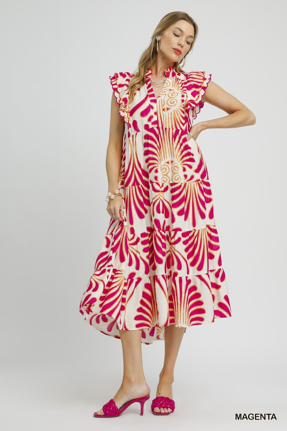 Boho Tiered Ruffle Sleeve Midi Dress