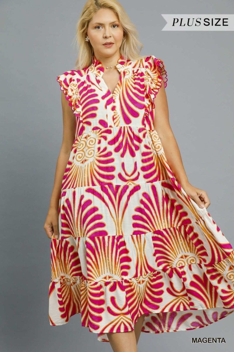 Plus - Boho Print Ruffle Sleeve Tiered Dress