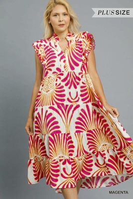 Plus - Boho Print Ruffle Sleeve Tiered Dress