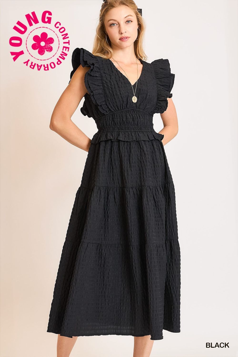 Plus - V-Neck Smocked Waist Ruffle Midi Dress