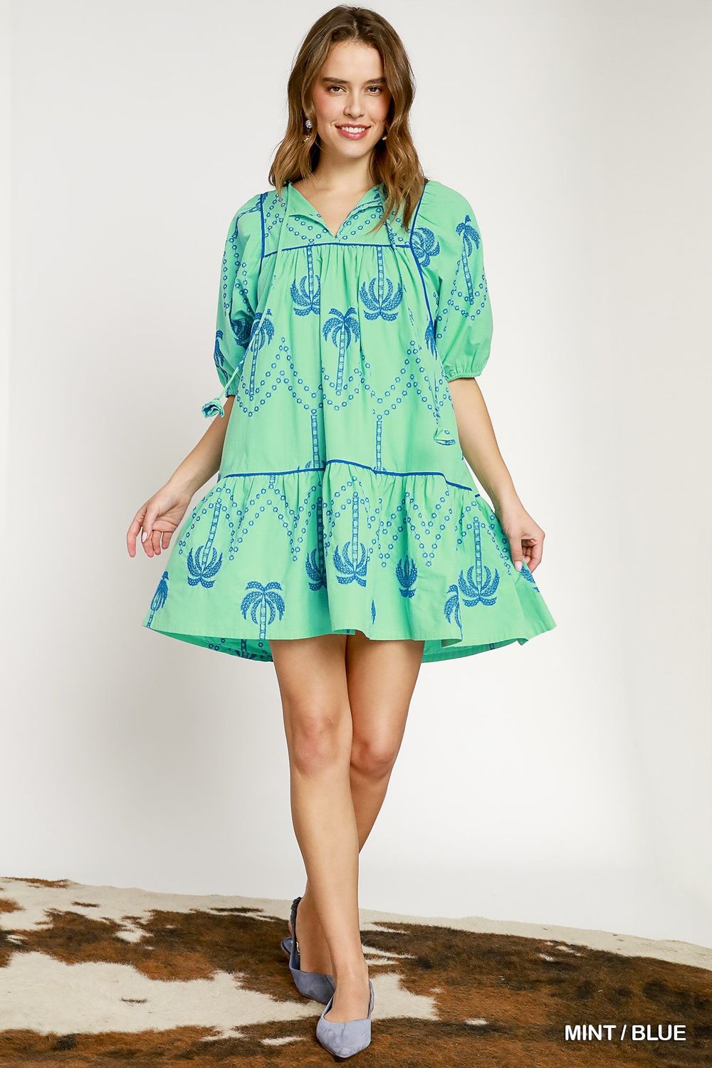 Plus - Palm Tree Embroidered Mini Dress