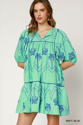 Plus - Palm Tree Embroidered Mini Dress