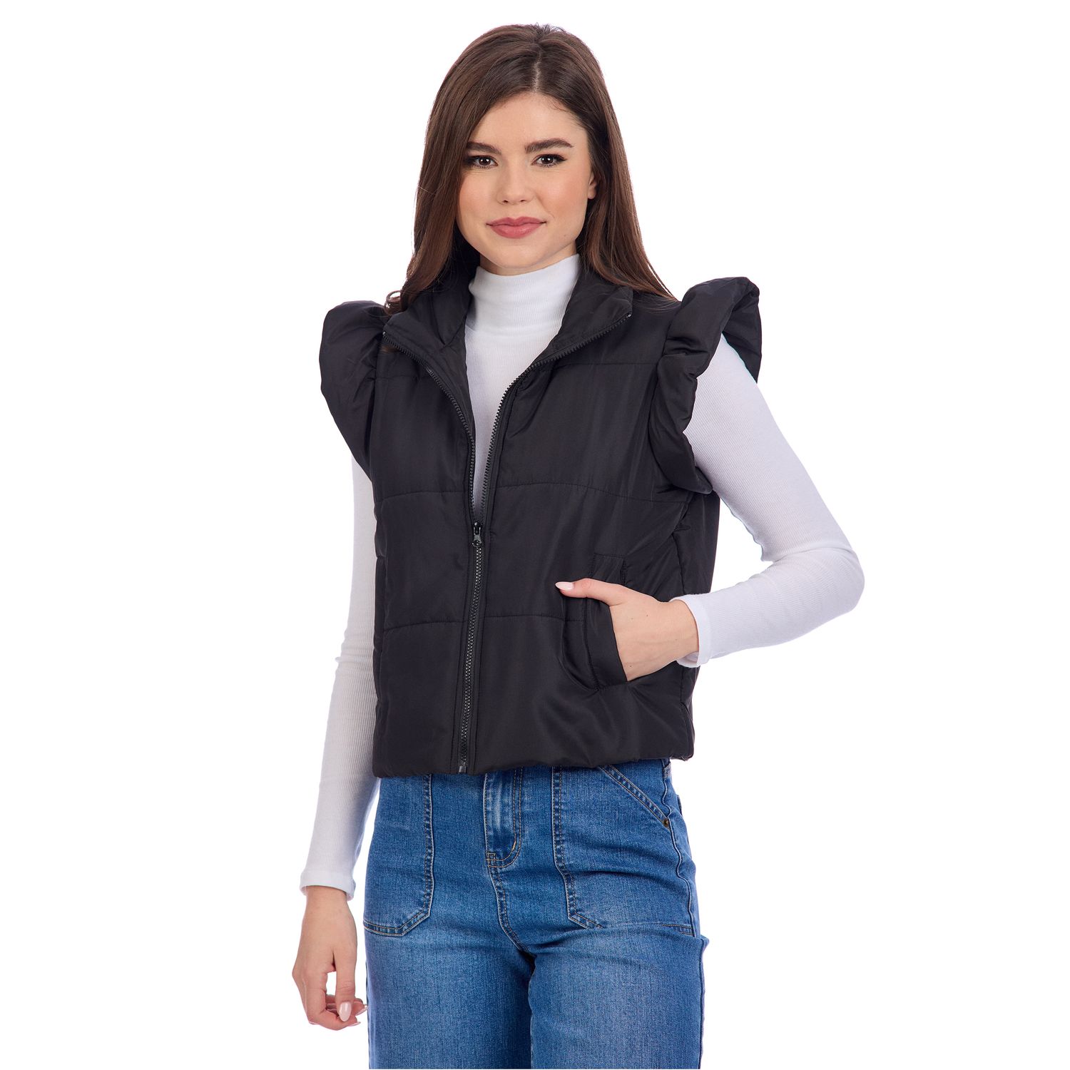 Lile Ruffle Quilted Vest, Size: S, Color: Black