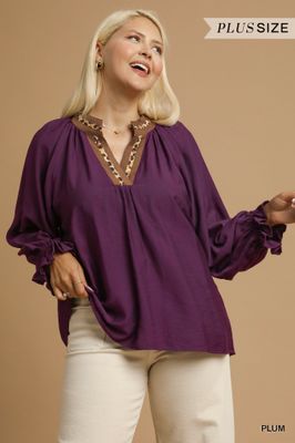 Leopard Trim V-Neck Blouse