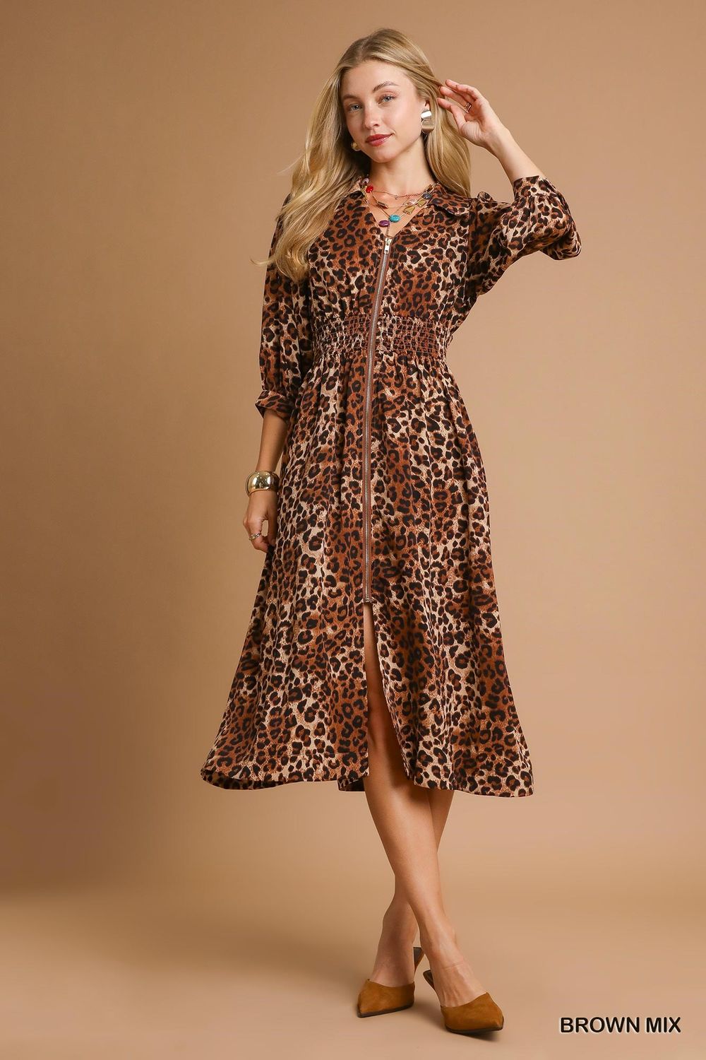 Leopard Print Zip-Front Midi Dress