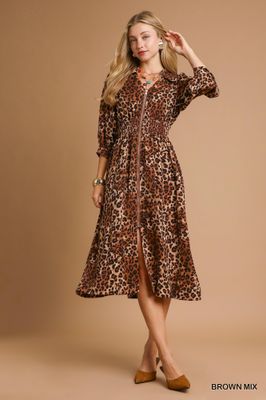 Leopard Print Zip-Front Midi Dress