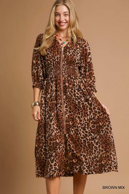 Leopard Print Zip-Front Midi Dress