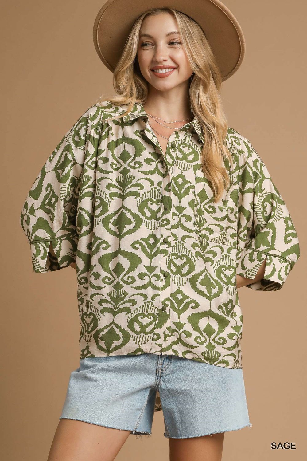 Abstract Print Button-Up Oversized Shirt, Size: S, Color: Sage