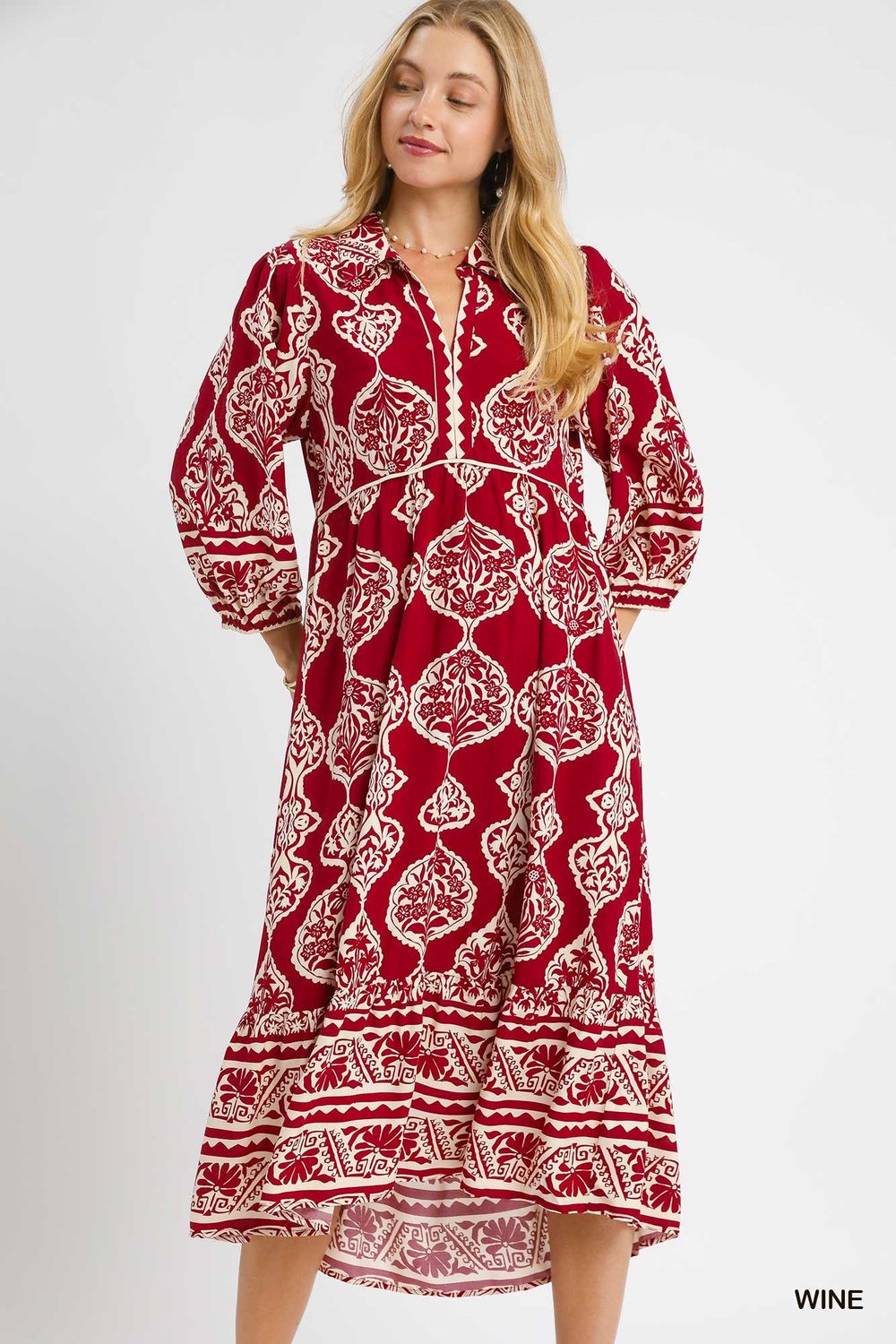 Boarder Print Midi Dress, Size: S, Color: Wine