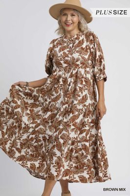 Boho Leaf Print Tiered Midi Dress