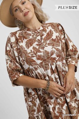 Boho Leaf Print Tiered Midi Dress