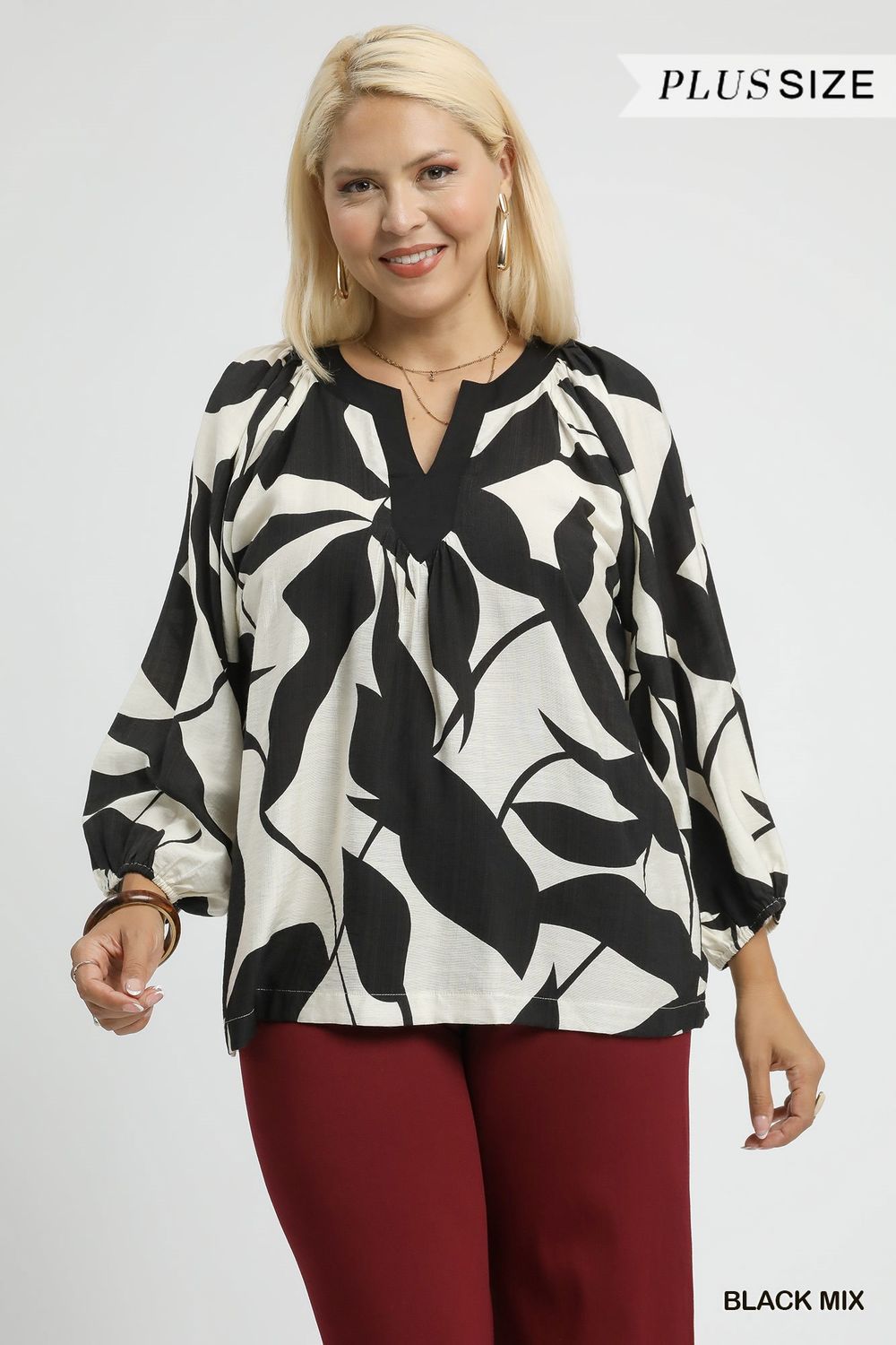 Leaf Print V-Neck Blouse