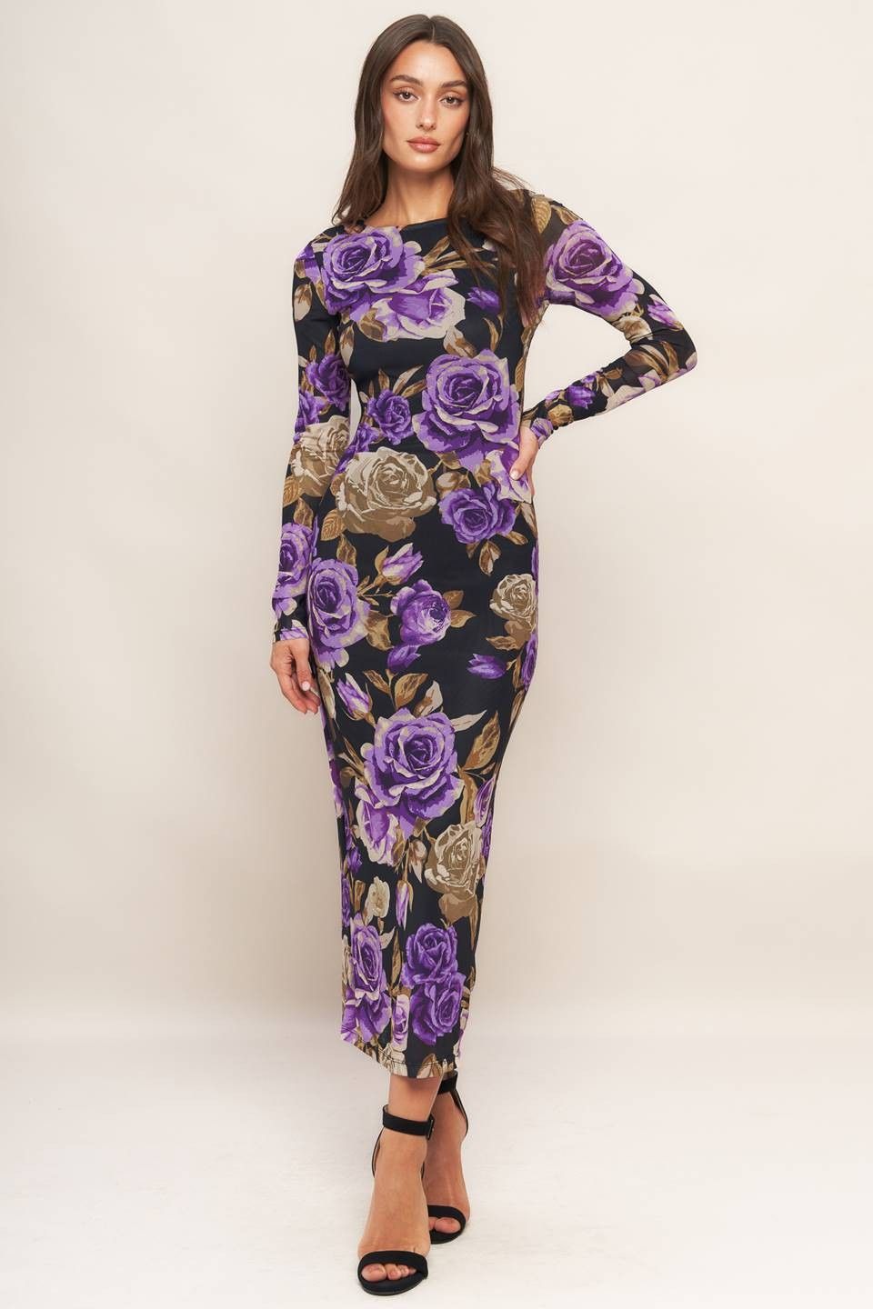 Printed Power Mesh Midi Dress