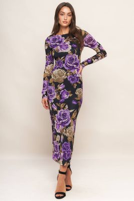 Printed Power Mesh Midi Dress