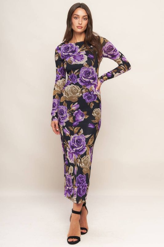 Printed Power Mesh Midi Dress