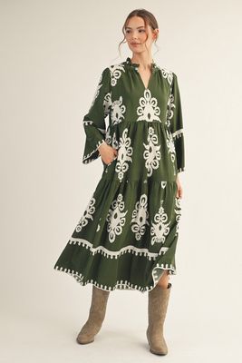 Damask Border Print Midi Dress