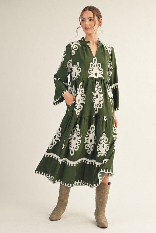 Damask Border Print Midi Dress