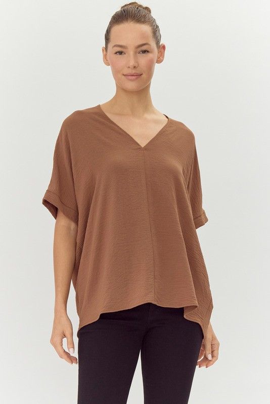 Solid V-Neck Boxy Top, Size: S, Color: Coco