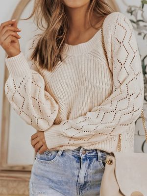 Hollow-Out Puffy Sleeve Knit Sweater