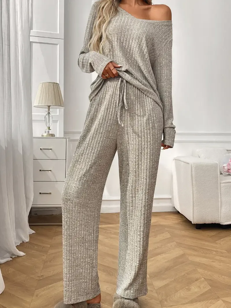 Ribbed Lounge Set, Color: Khaki, Size: S