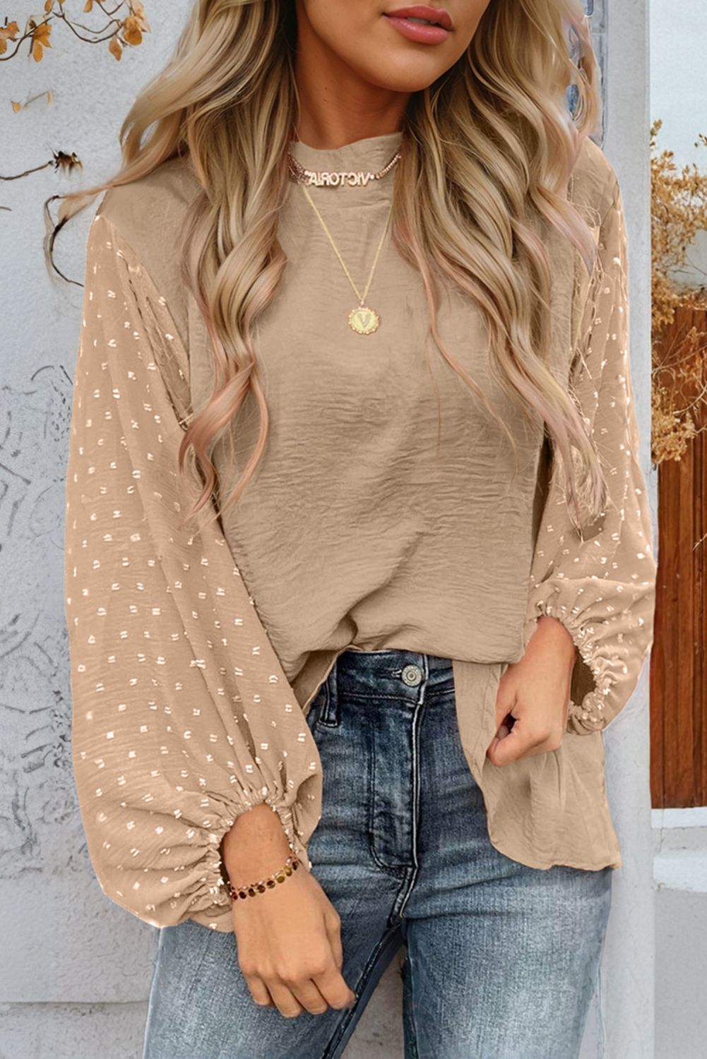 Balloon Sleeve Loose Blouse, Color: Khaki, Size: S
