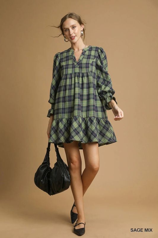 Mix Plaid Tiered Mini Dress