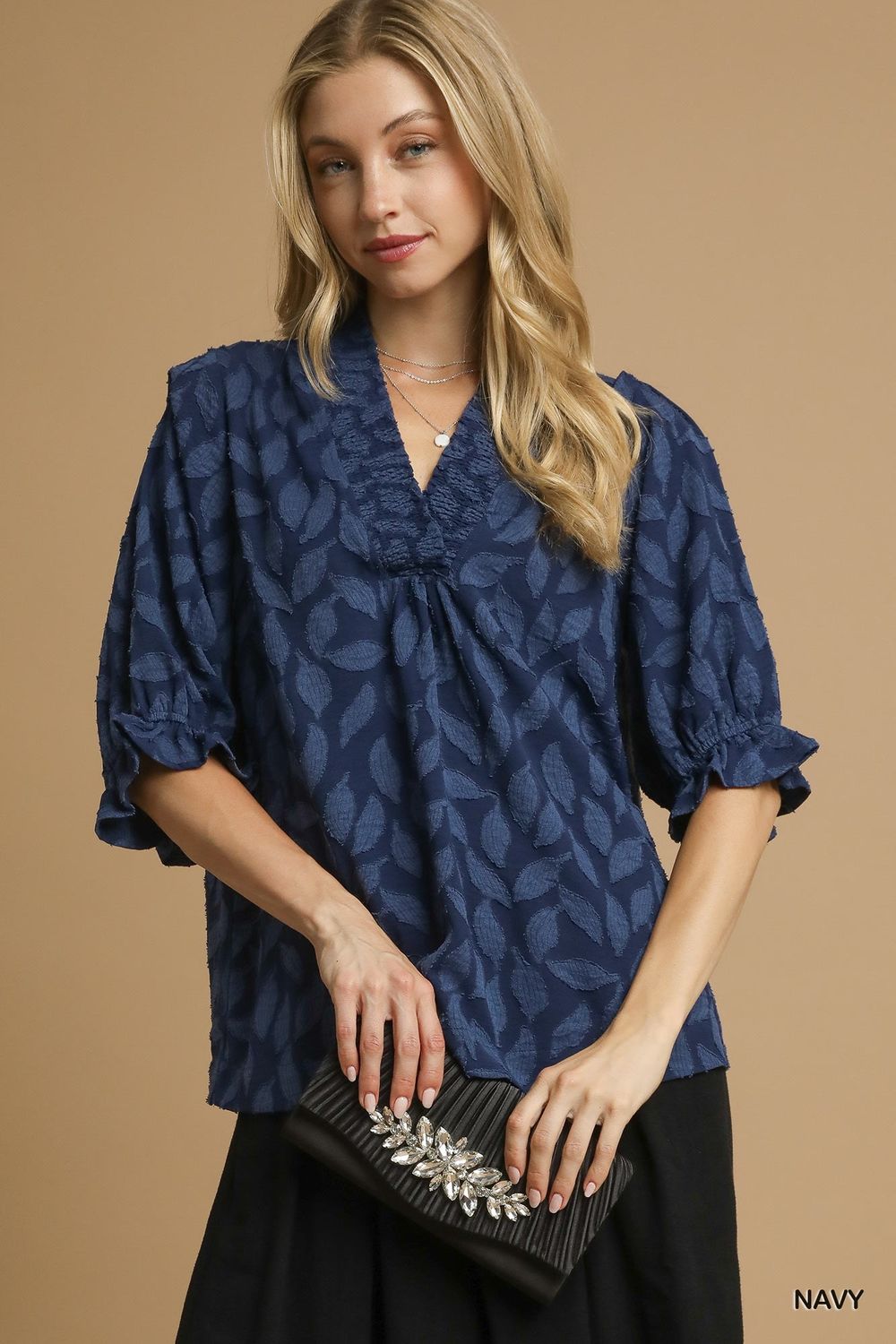 Floral Jacquard V-Neck Top, Color: Navy, Size: S
