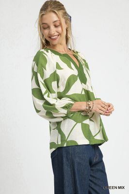 Leaf Print V-Neck Blouse
