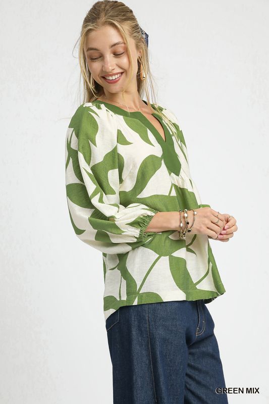 Leaf Print V-Neck Blouse