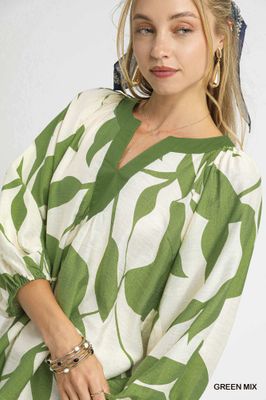 Leaf Print V-Neck Blouse