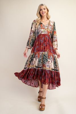 Mixed Print Midi Dress With Keyhole