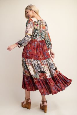 Mixed Print Midi Dress With Keyhole