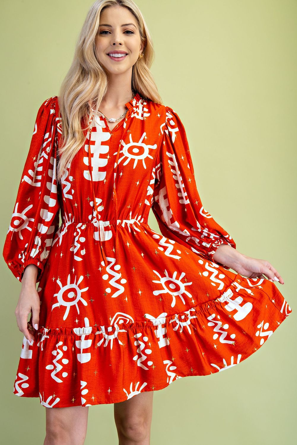 Gold Foil Abstract Print Tiered Dress, Color: Tangerine, Size: S